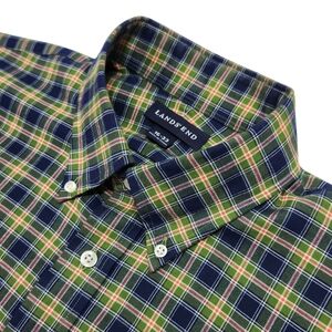 Lands' End Men's Plaid Shirt - Navy and Green Large Long Sleeve Button Down